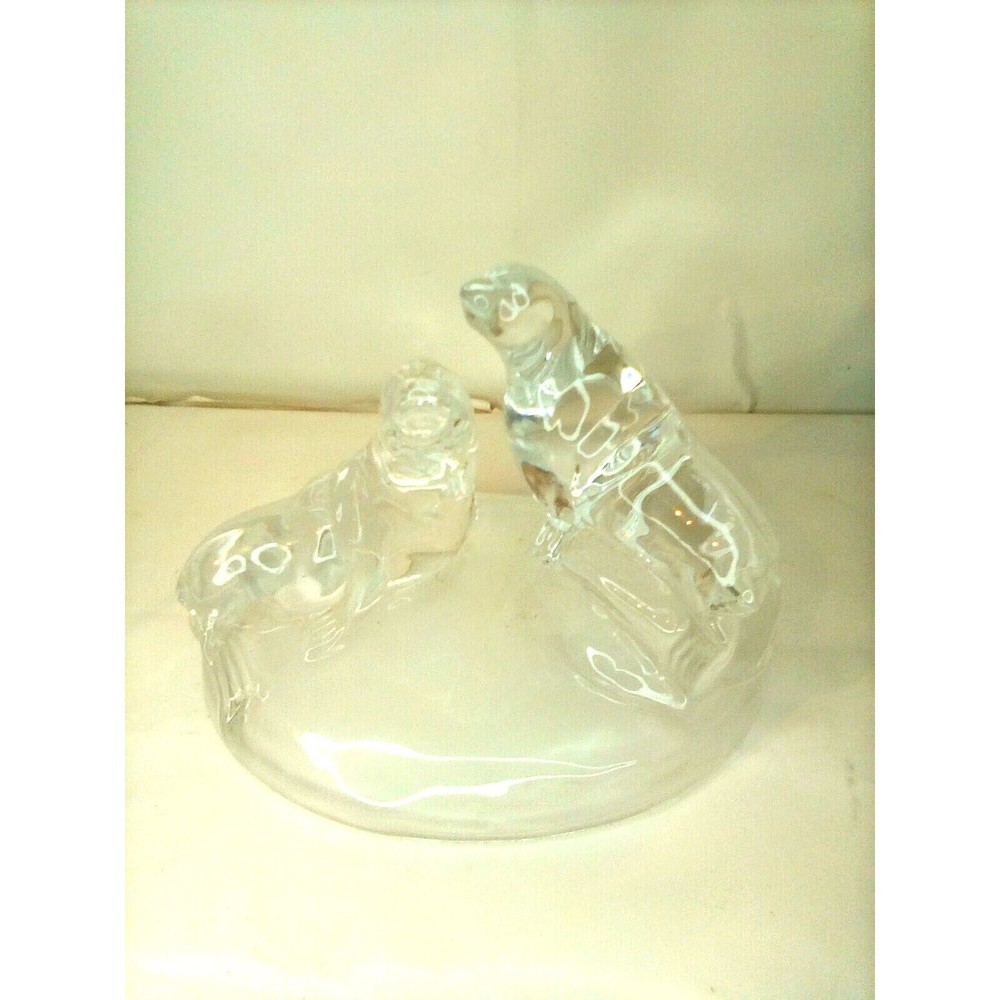 Vtg Royal Crystal Rock Clear Glass Two Seals Figurine 5" Paperweight RCR Italy
